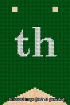 A simulated image of the stitched needlepoint design: Banner 13m Forked th White on Green. Not A.I. generated.