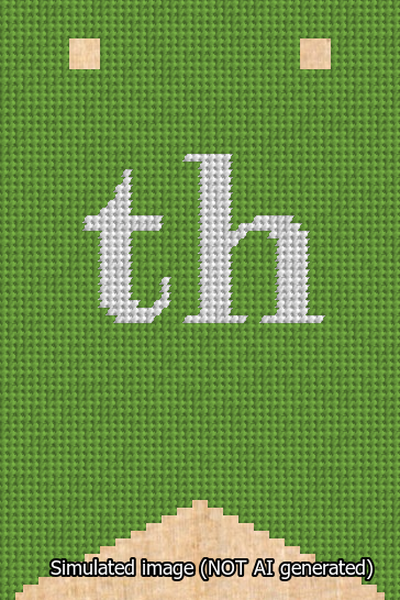 A simulated image of the stitched needlepoint design: Banner 13m Forked th White on Light Green. Not A.I. generated.