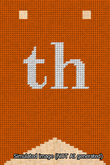 A simulated image of the stitched needlepoint design: Banner 13m Forked th White on Orange. Not A.I. generated.