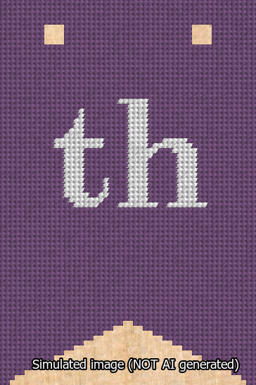 A simulated image of the stitched needlepoint design: Banner 13m Forked th White on Purple. Not A.I. generated.