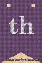 A simulated image of the stitched needlepoint design: Banner 13m Forked th White on Purple. Not A.I. generated.