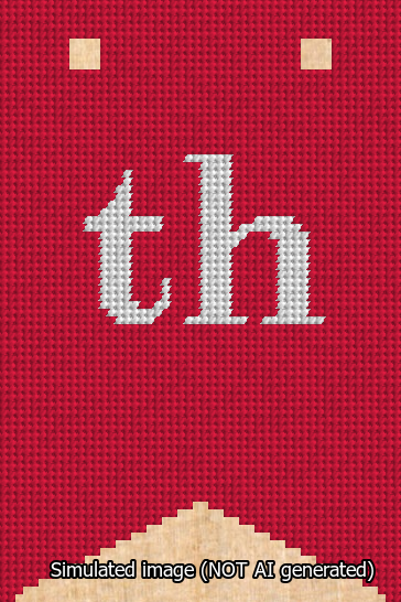 A simulated image of the stitched needlepoint design: Banner 13m Forked th White on Red. Not A.I. generated.