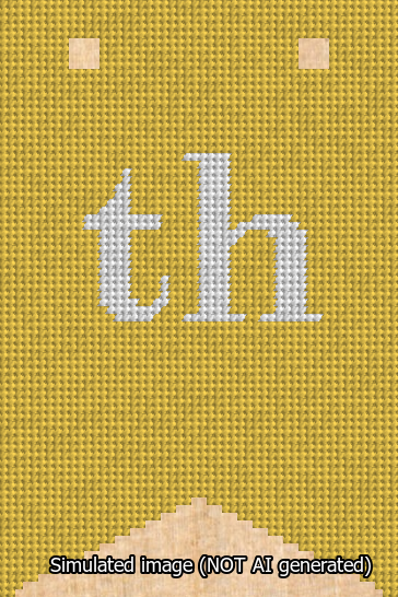 A simulated image of the stitched needlepoint design: Banner 13m Forked th White on Yellow. Not A.I. generated.