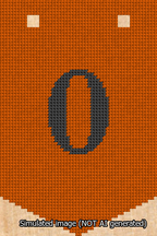 A simulated image of the stitched needlepoint design: Banner 13m Pointed 0 Black on Orange. Not A.I. generated.