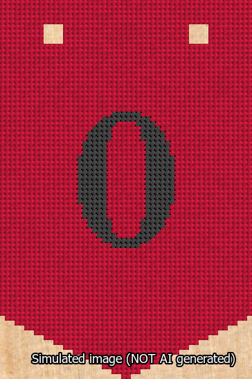 A simulated image of the stitched needlepoint design: Banner 13m Pointed 0 Black on Red. Not A.I. generated.