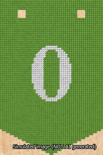 A simulated image of the stitched needlepoint design: Banner 13m Pointed 0 White on Light Green. Not A.I. generated.