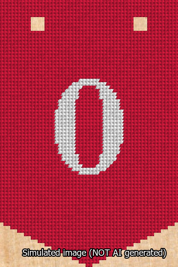 A simulated image of the stitched needlepoint design: Banner 13m Pointed 0 White on Red. Not A.I. generated.
