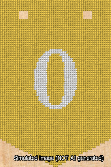 A simulated image of the stitched needlepoint design: Banner 13m Pointed 0 White on Yellow. Not A.I. generated.