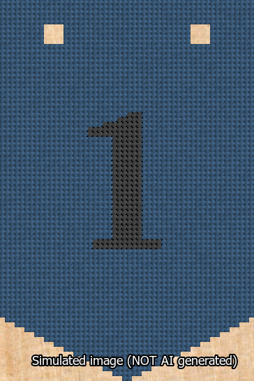 A simulated image of the stitched needlepoint design: Banner 13m Pointed 1 Black on Blue. Not A.I. generated.