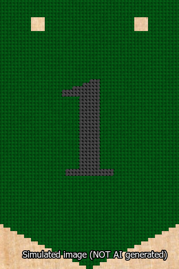 A simulated image of the stitched needlepoint design: Banner 13m Pointed 1 Black on Green. Not A.I. generated.