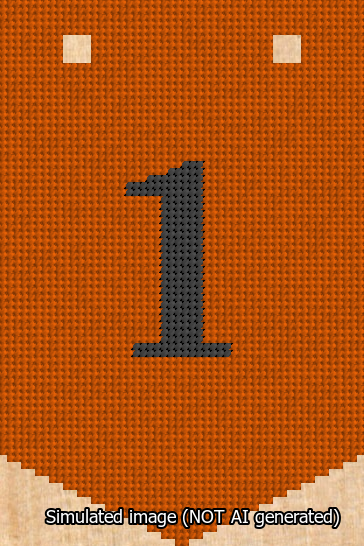A simulated image of the stitched needlepoint design: Banner 13m Pointed 1 Black on Orange. Not A.I. generated.