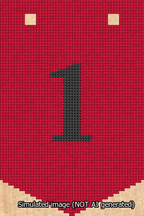 A simulated image of the stitched needlepoint design: Banner 13m Pointed 1 Black on Red. Not A.I. generated.