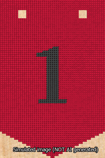 A simulated image of the stitched needlepoint design: Banner 13m Pointed 1 Black on Red. Not A.I. generated.