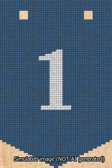 A simulated image of the stitched needlepoint design: Banner 13m Pointed 1 White on Blue. Not A.I. generated.