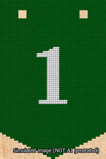 A simulated image of the stitched needlepoint design: Banner 13m Pointed 1 White on Green. Not A.I. generated.