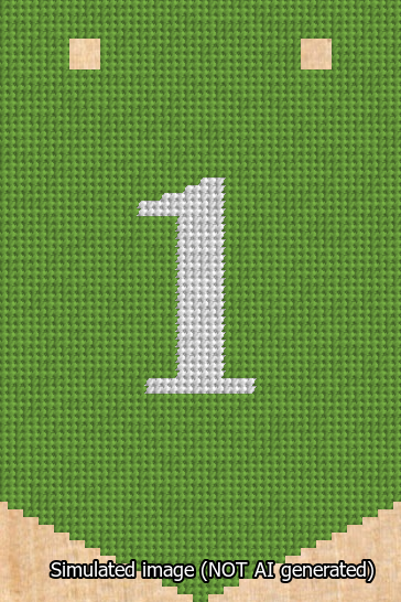 A simulated image of the stitched needlepoint design: Banner 13m Pointed 1 White on Light Green. Not A.I. generated.