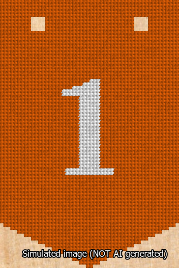 A simulated image of the stitched needlepoint design: Banner 13m Pointed 1 White on Orange. Not A.I. generated.