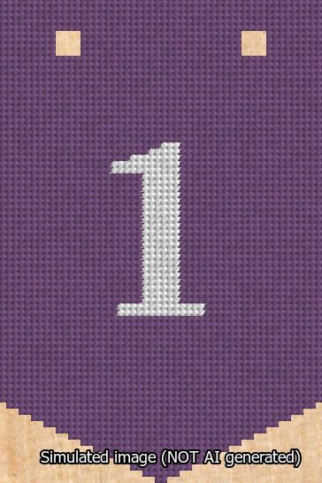 A simulated image of the stitched needlepoint design: Banner 13m Pointed 1 White on Purple. Not A.I. generated.