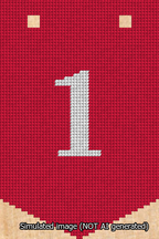 A simulated image of the stitched needlepoint design: Banner 13m Pointed 1 White on Red. Not A.I. generated.