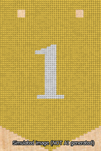 A simulated image of the stitched needlepoint design: Banner 13m Pointed 1 White on Yellow. Not A.I. generated.