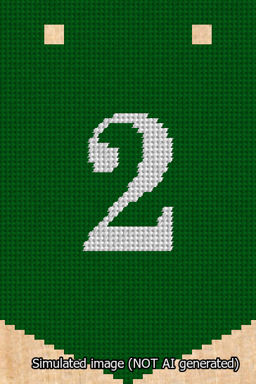 A simulated image of the stitched needlepoint design: Banner 13m Pointed 2 White on Green. Not A.I. generated.