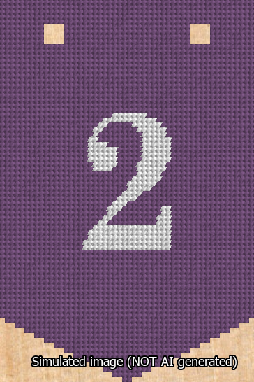 A simulated image of the stitched needlepoint design: Banner 13m Pointed 2 White on Purple. Not A.I. generated.