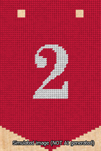 A simulated image of the stitched needlepoint design: Banner 13m Pointed 2 White on Red. Not A.I. generated.