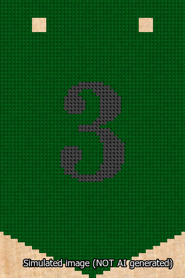 A simulated image of the stitched needlepoint design: Banner 13m Pointed 3 Black on Green. Not A.I. generated.