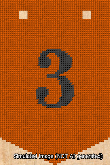 A simulated image of the stitched needlepoint design: Banner 13m Pointed 3 Black on Orange. Not A.I. generated.