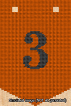 A simulated image of the stitched needlepoint design: Banner 13m Pointed 3 Black on Orange. Not A.I. generated.