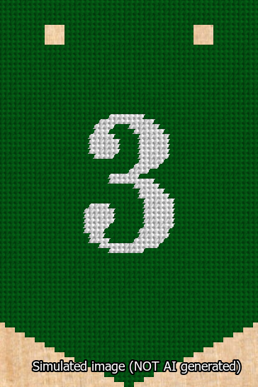 A simulated image of the stitched needlepoint design: Banner 13m Pointed 3 White on Green. Not A.I. generated.