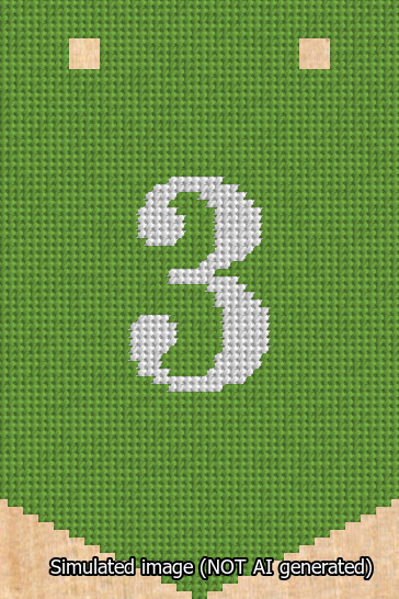 A simulated image of the stitched needlepoint design: Banner 13m Pointed 3 White on Light Green. Not A.I. generated.