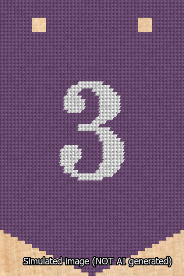 A simulated image of the stitched needlepoint design: Banner 13m Pointed 3 White on Purple. Not A.I. generated.