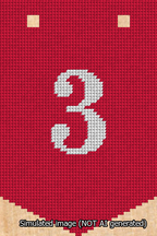 A simulated image of the stitched needlepoint design: Banner 13m Pointed 3 White on Red. Not A.I. generated.