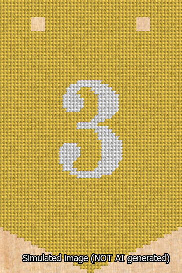 A simulated image of the stitched needlepoint design: Banner 13m Pointed 3 White on Yellow. Not A.I. generated.