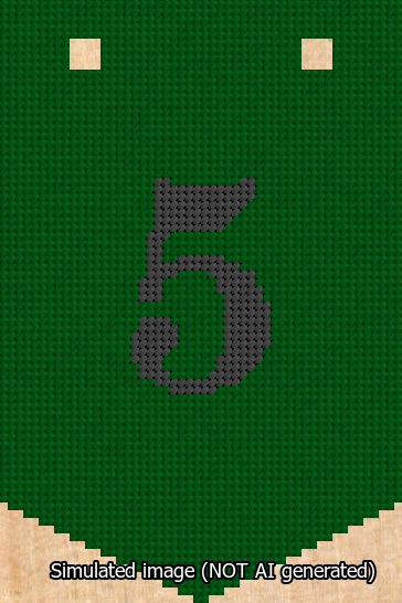 A simulated image of the stitched needlepoint design: Banner 13m Pointed 5 Black on Green. Not A.I. generated.