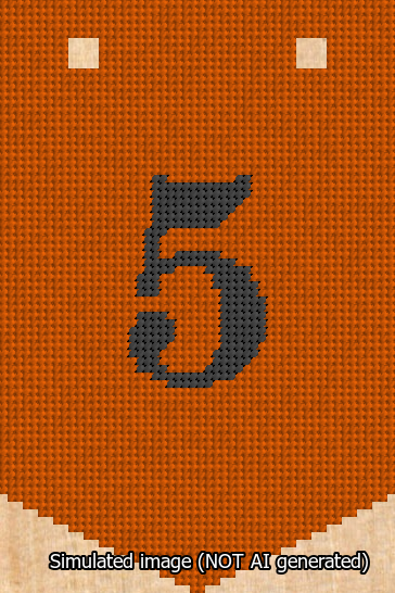 A simulated image of the stitched needlepoint design: Banner 13m Pointed 5 Black on Orange. Not A.I. generated.
