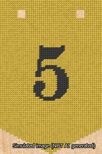 A simulated image of the stitched needlepoint design: Banner 13m Pointed 5 Black on Yellow. Not A.I. generated.