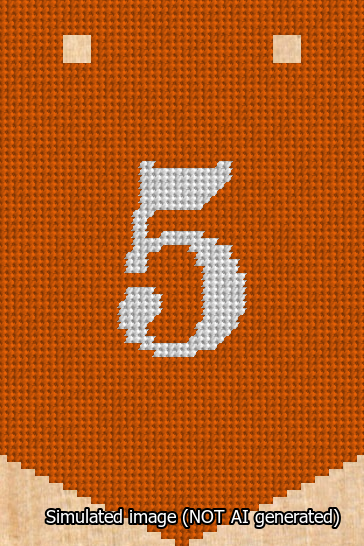 A simulated image of the stitched needlepoint design: Banner 13m Pointed 5 White on Orange. Not A.I. generated.