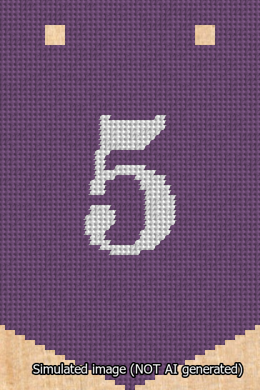 A simulated image of the stitched needlepoint design: Banner 13m Pointed 5 White on Purple. Not A.I. generated.
