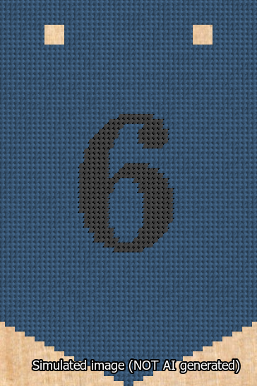 A simulated image of the stitched needlepoint design: Banner 13m Pointed 6 Black on Blue. Not A.I. generated.