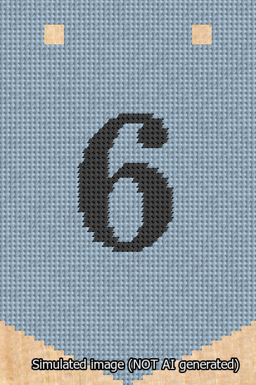 A simulated image of the stitched needlepoint design: Banner 13m Pointed 6 Black on Light Blue. Not A.I. generated.
