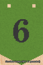 A simulated image of the stitched needlepoint design: Banner 13m Pointed 6 Black on Light Green. Not A.I. generated.
