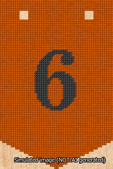 A simulated image of the stitched needlepoint design: Banner 13m Pointed 6 Black on Orange. Not A.I. generated.