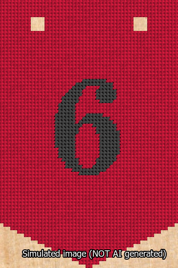 A simulated image of the stitched needlepoint design: Banner 13m Pointed 6 Black on Red. Not A.I. generated.