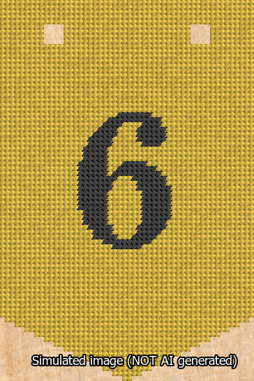 A simulated image of the stitched needlepoint design: Banner 13m Pointed 6 Black on Yellow. Not A.I. generated.