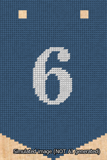 A simulated image of the stitched needlepoint design: Banner 13m Pointed 6 White on Blue. Not A.I. generated.