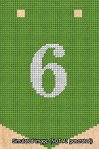 A simulated image of the stitched needlepoint design: Banner 13m Pointed 6 White on Light Green. Not A.I. generated.