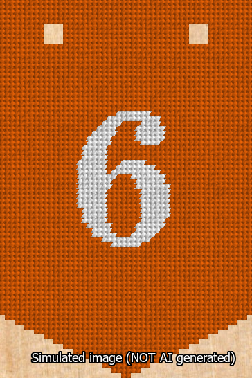 A simulated image of the stitched needlepoint design: Banner 13m Pointed 6 White on Orange. Not A.I. generated.