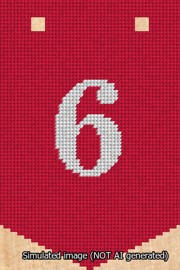 A simulated image of the stitched needlepoint design: Banner 13m Pointed 6 White on Red. Not A.I. generated.